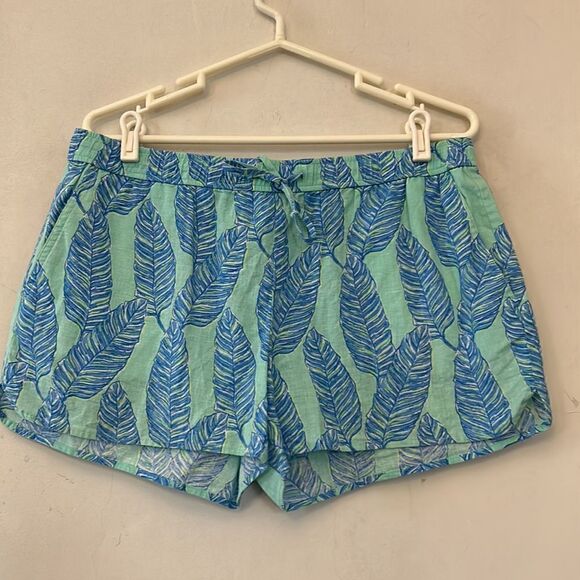 Vineyard Vines linen blue green feather elastic waist shorts Size M EUC - Picture 2 of 9